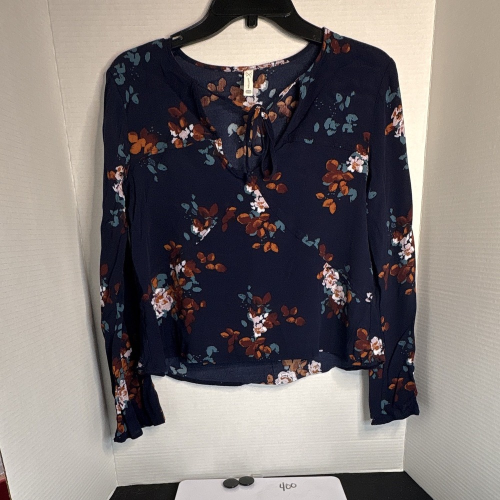 CFX Collection Women's L Navy/Multicolor Floral V-Neck Tie Long Sleeve Blouse